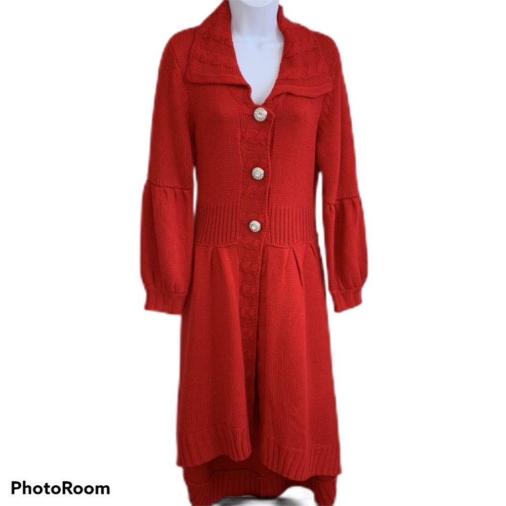 Bisou Bisou Long Red Sweater Crystal Buttons L